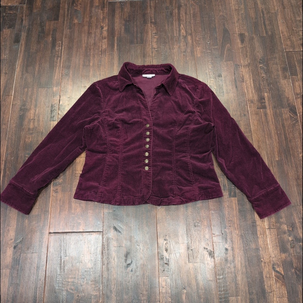 Vintage Dressbarn Burgundy Corduroy Button Up Shirt Jacket Womens XL Long Sleeve